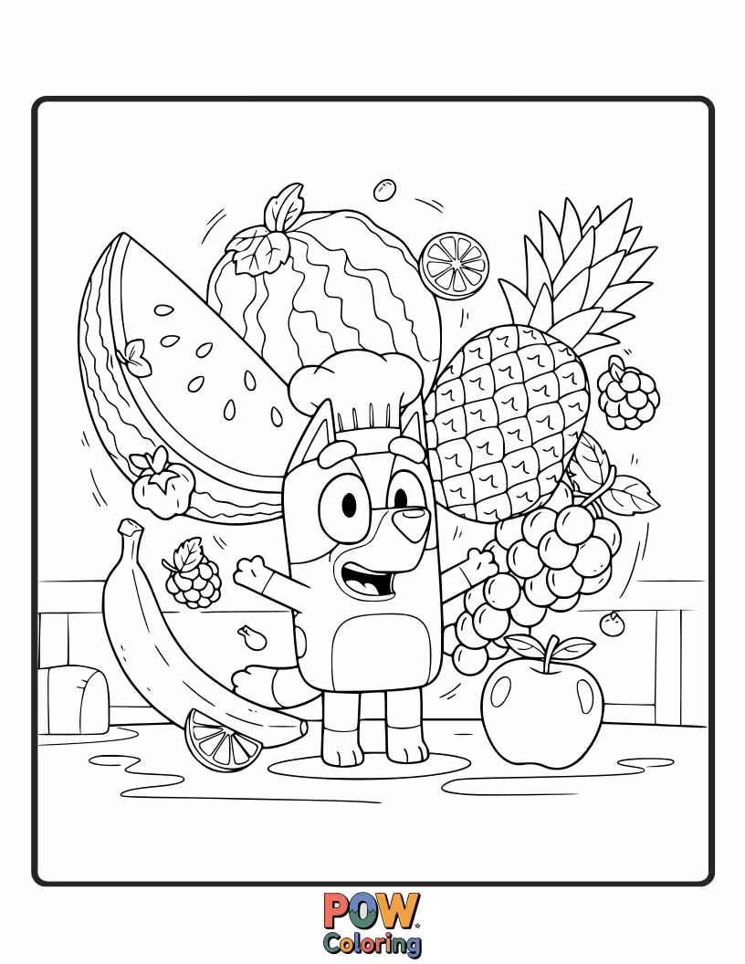 Free coloring page of Bluey is wearing a fruit salad as a crown, with various fruits adorning her head.