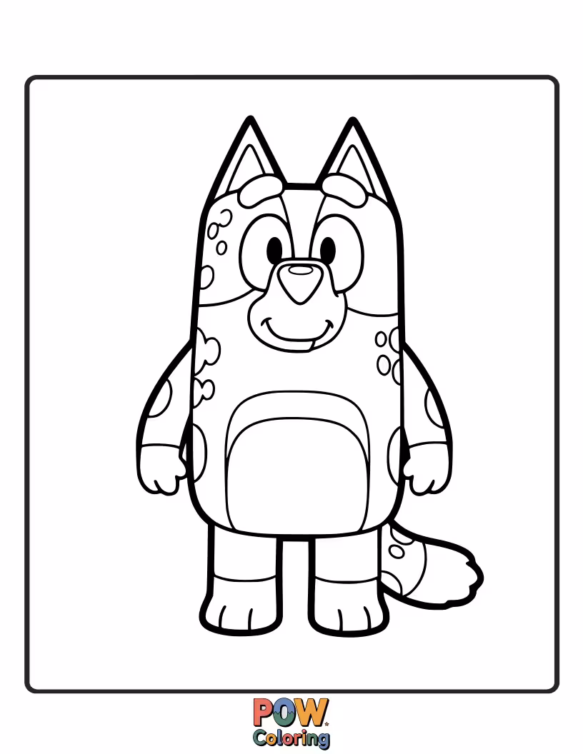 Free coloring page of Bluey is trying to hug a gummy bear that's bigger than she is.