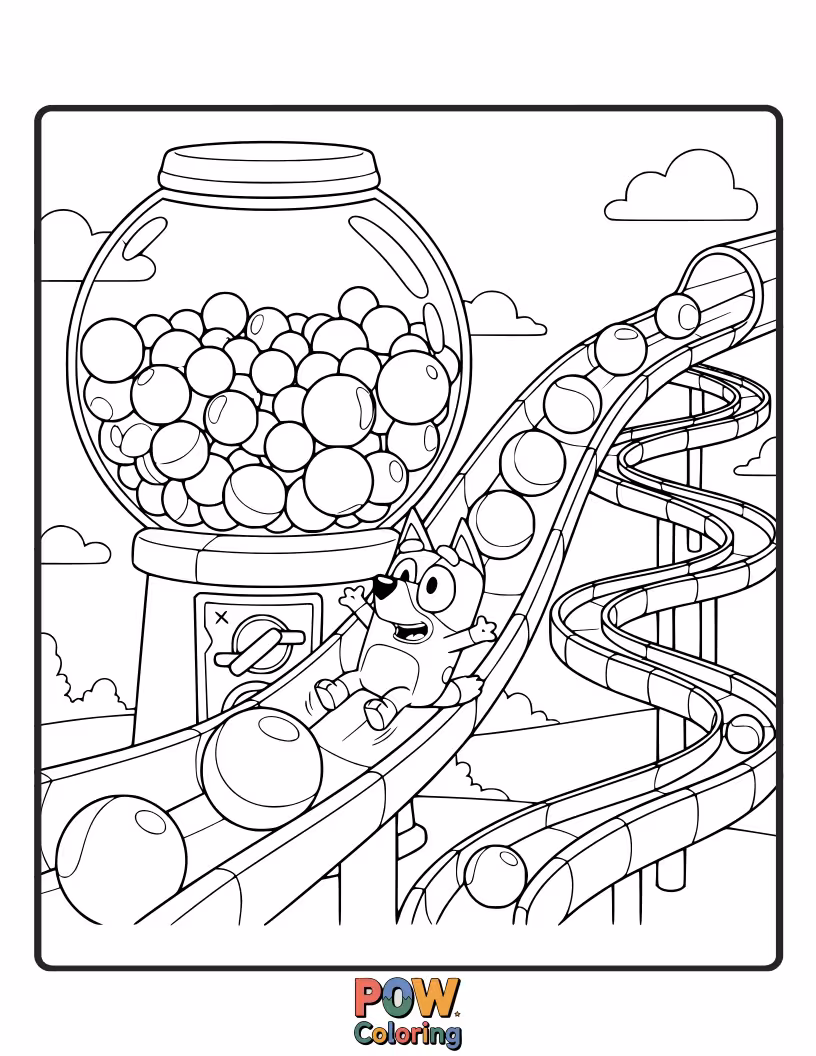 Free coloring page of Bluey is riding on top of a giant gumball down a slippery slope.