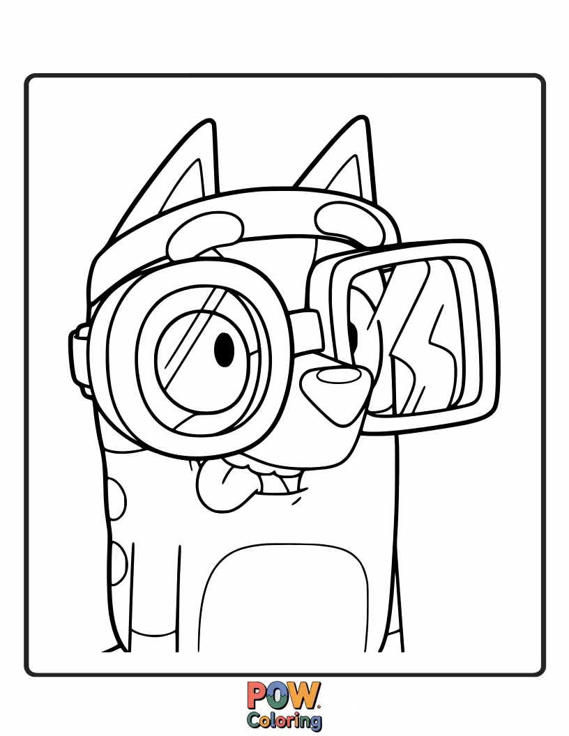 Free coloring page of Bluey is wearing oversized, comically mismatched swimming goggles, ready for anything.