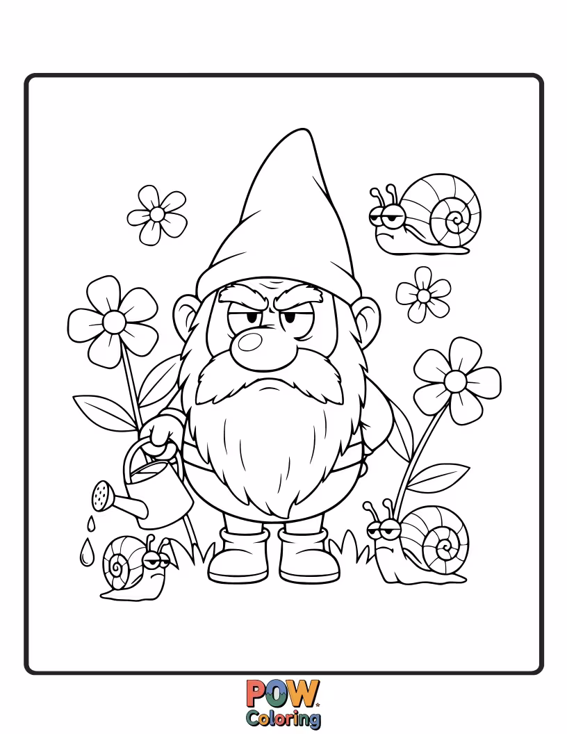 Free coloring page of Bluey is dressed up as a grumpy garden gnome, guarding a single flower.
