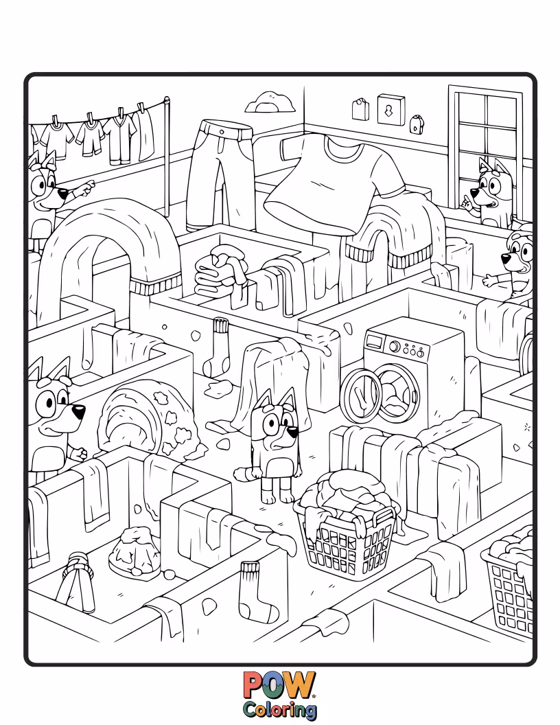 Free coloring page of Bluey is hiding inside a giant pile of laundry, peeking out from a sock.