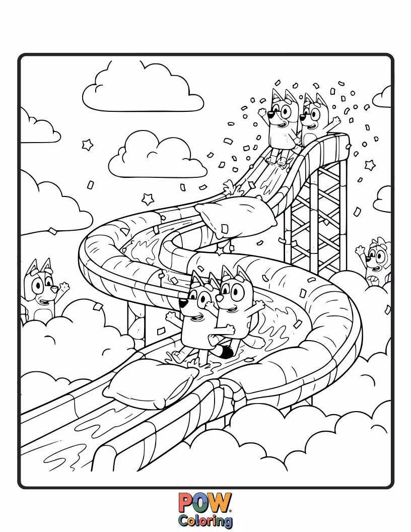 Free coloring page of Bluey is leading a parade of stuffed animals while wearing her pajamas.