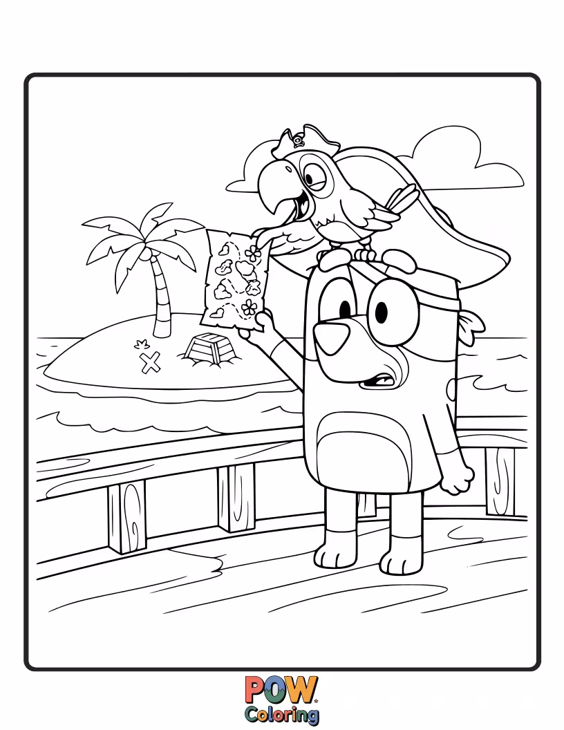 Free coloring page of Bluey is trying to balance a very large, funny-looking parrot on her shoulder.