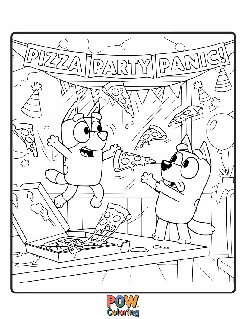 Free coloring page of Bluey is wearing a pizza slice as a hat, with cheese dripping down.