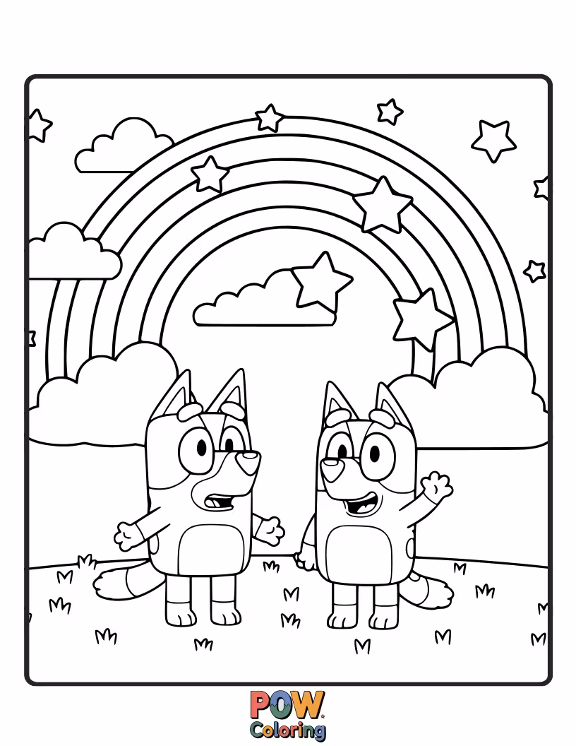 Free coloring page of Bluey has accidentally walked through a rainbow, leaving colorful streaks on her fur.