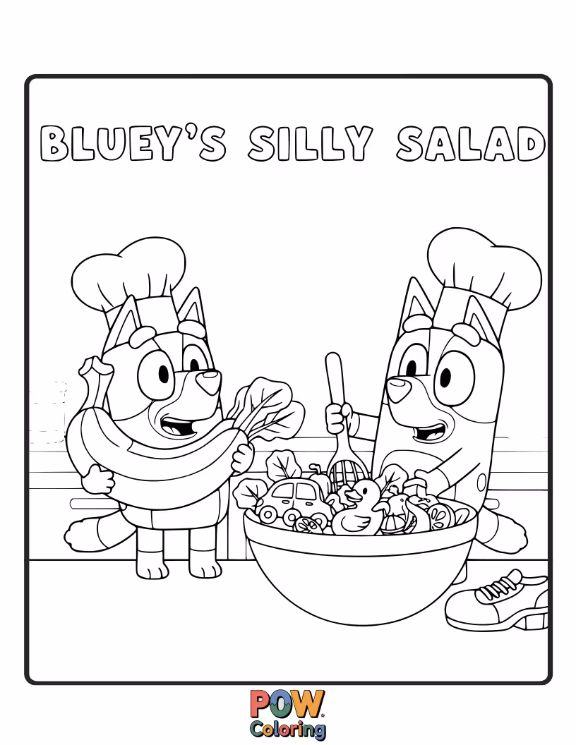 Free coloring page of Bluey is wearing a salad bowl as a hat, with lettuce and tomatoes spilling out.