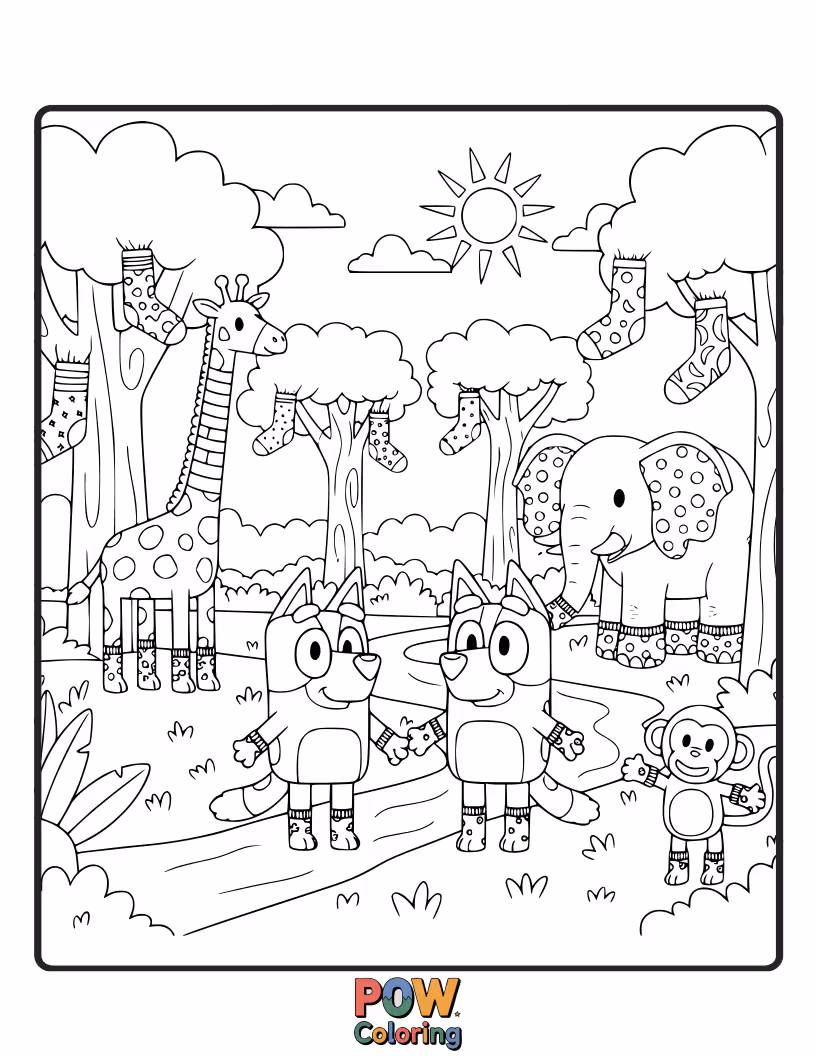 Free coloring page of Bluey is wearing socks on her hands and pretending they are animal heads.