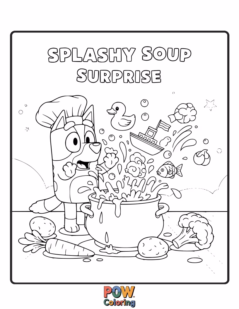 Free coloring page of Bluey has accidentally splashed a huge bowl of soup all over herself.