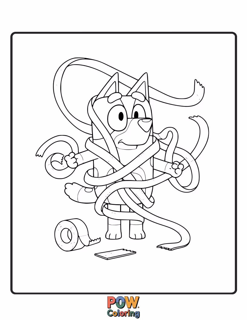 Free coloring page of Bluey is accidentally wrapped up in a giant roll of sticky tape.