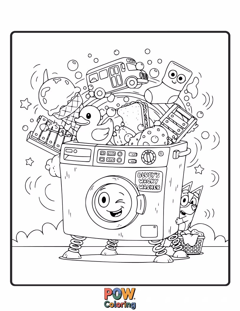 Free coloring page of Bluey is peeking out of a washing machine, surrounded by colorful clothes.