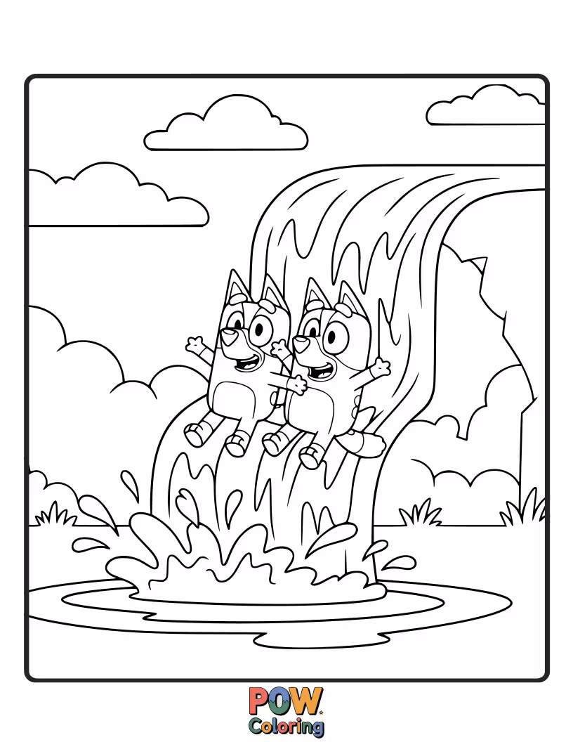 Free coloring page of Bluey is standing under a tiny, playful waterfall made of bubbles.