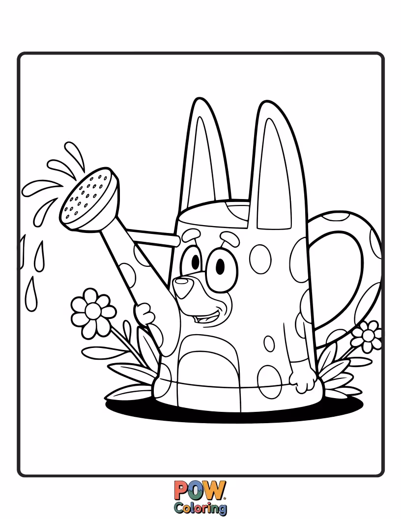 Free coloring page of Bluey is trying to water a tiny plant with a comically oversized watering can.