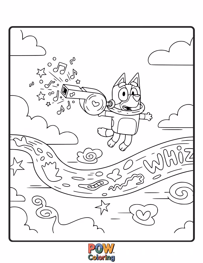Free coloring page of Bluey is blowing a ridiculously long whistle, creating a comically large sound wave.