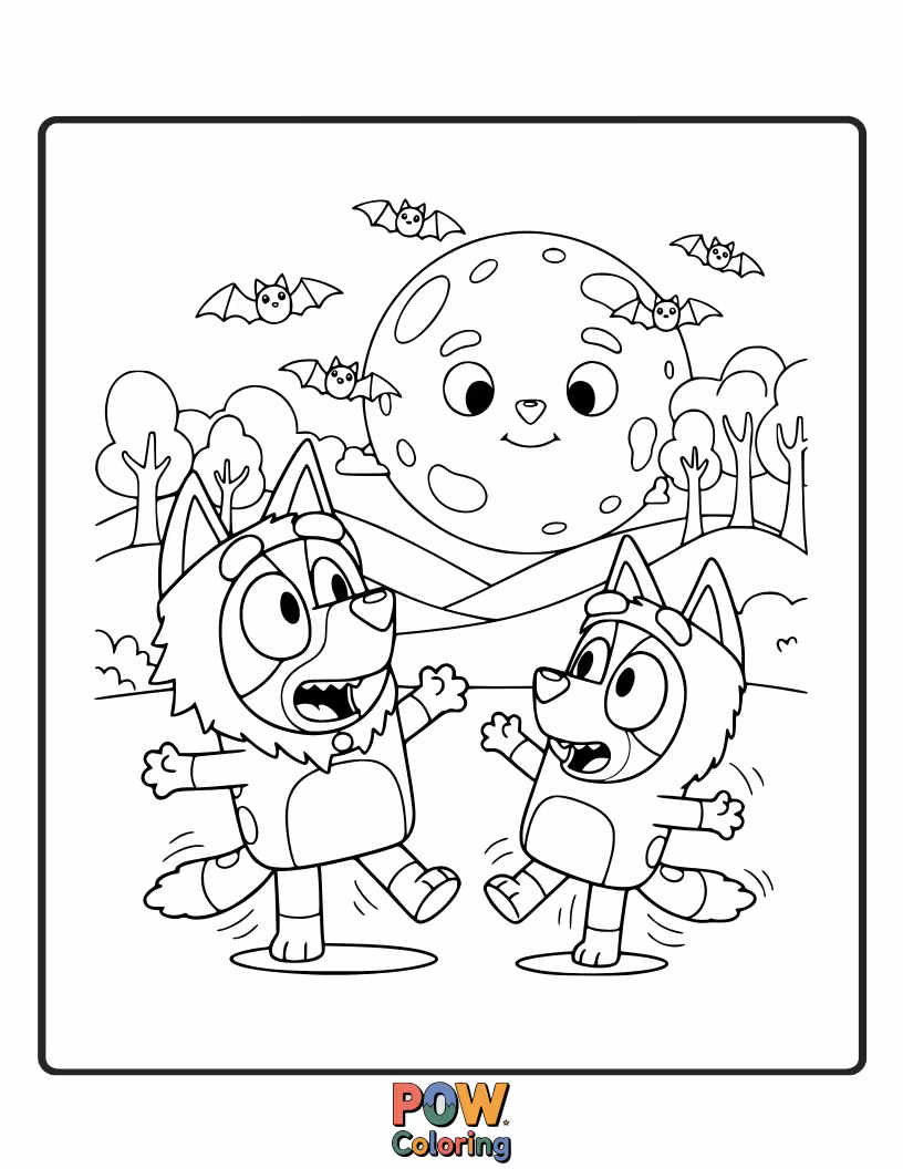 Free coloring page of Bluey, in a very fluffy and funny werewolf costume, is doing a happy little wiggle.