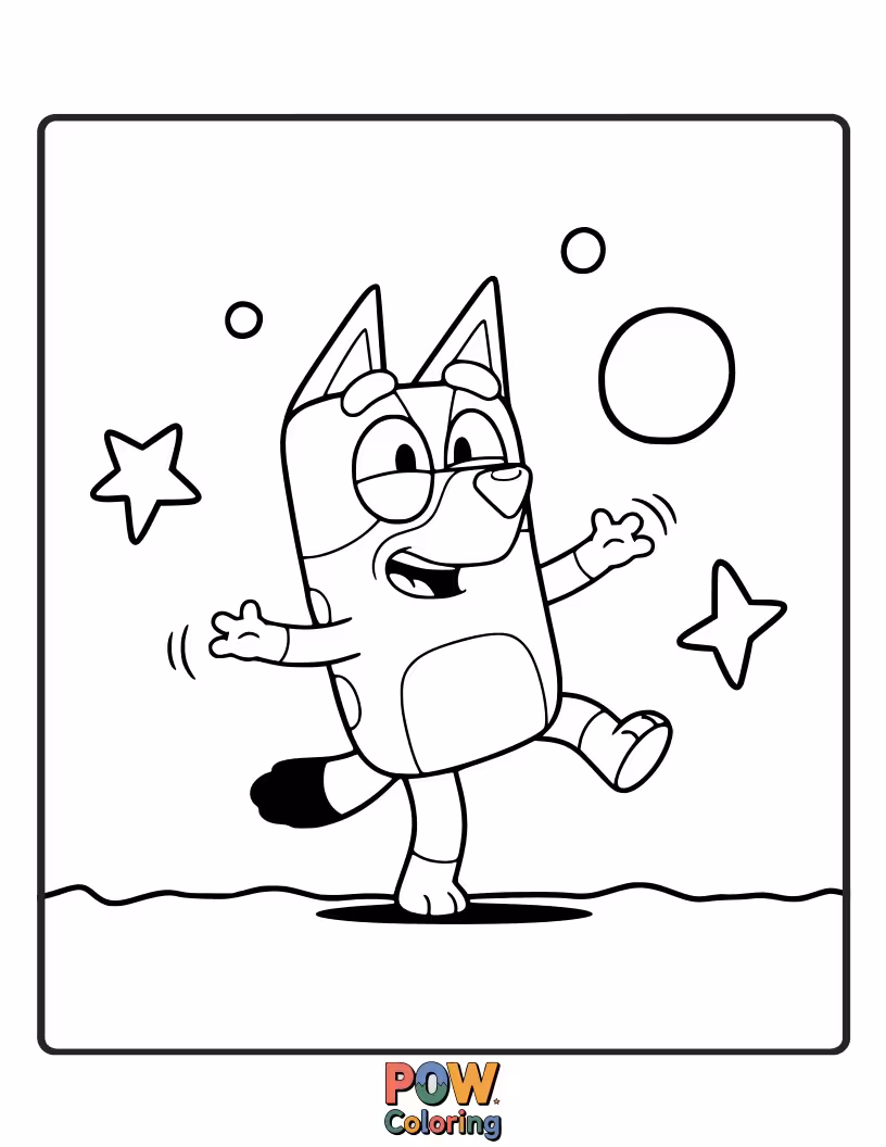 Free coloring page of Bluey is walking on stilts made of very unsteady cardboard tubes.