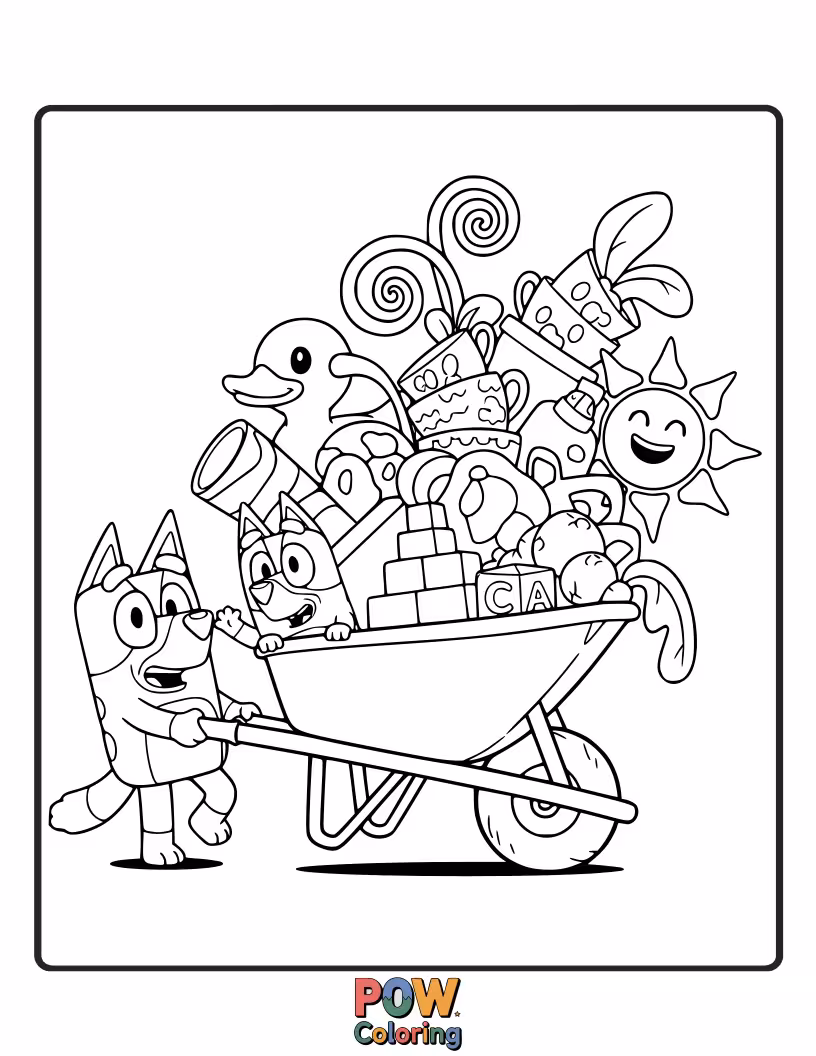Free coloring page of Bluey is trying to steer a wheelbarrow overflowing with colorful balloons.