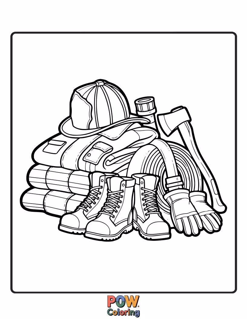 Free coloring page of A collection of essential firefighter gear, like helmets, boots, and hoses, ready for coloring.