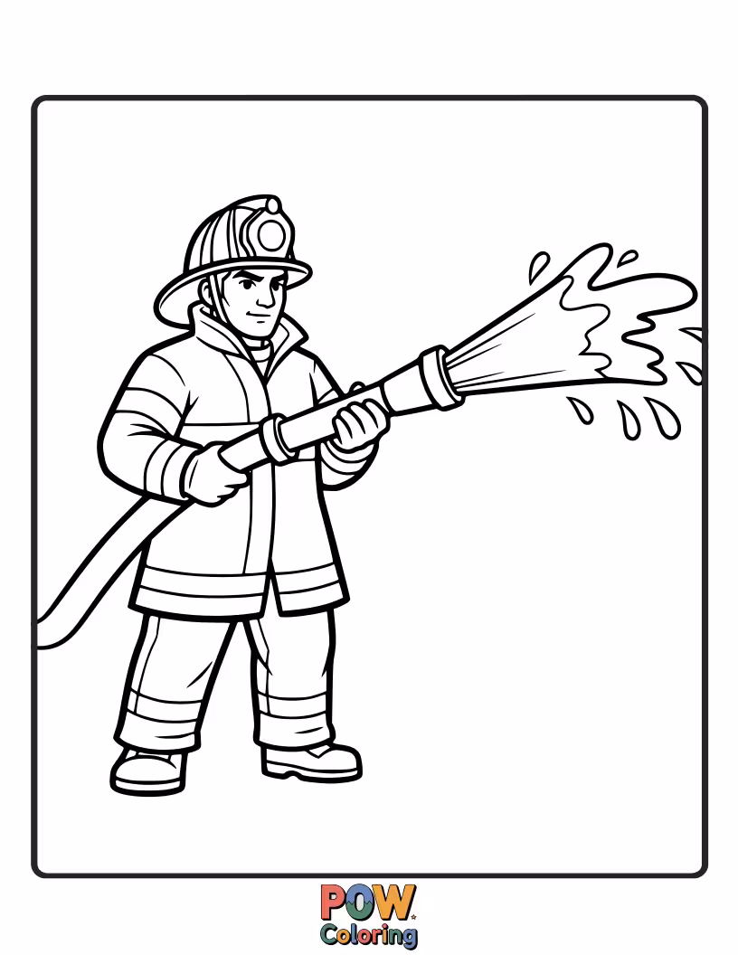 Free coloring page of A strong stream of water emerging from a hose, showing action and bravery in a simple, engaging design.