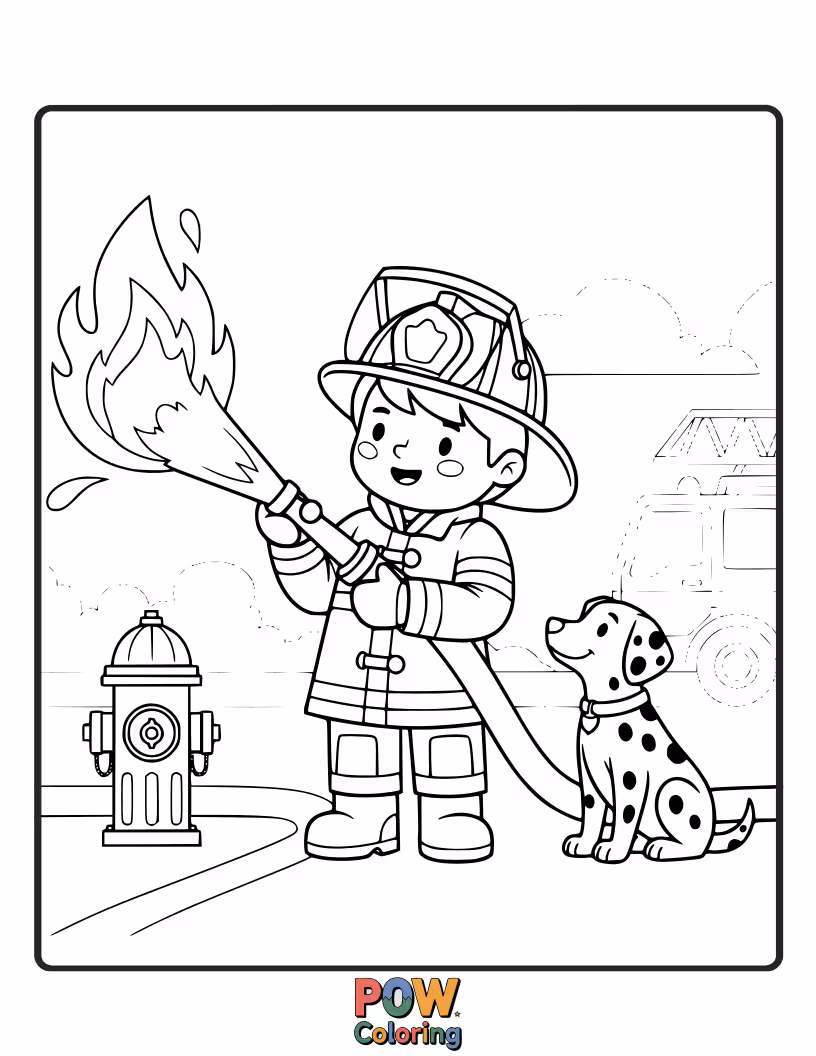 Free coloring page of A firefighter practicing skills, like climbing a ladder or using a hose, in a training scenario.