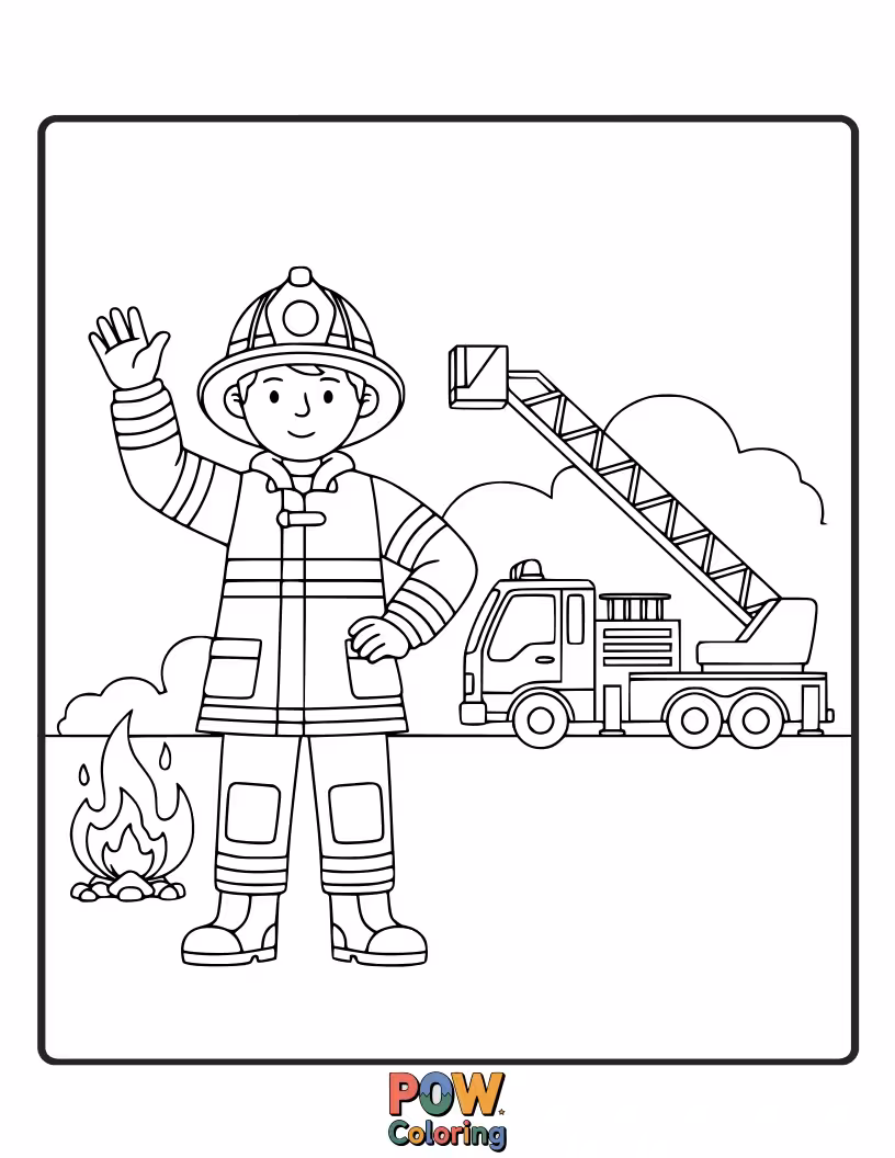 Free coloring page of A friendly firefighter waving, greeting young artists and sharing their heroic spirit.