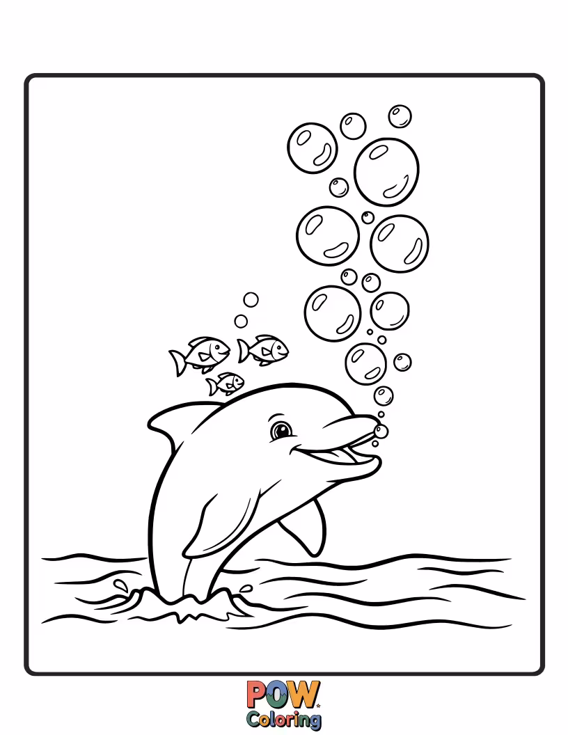 Free coloring page of A playful dolphin blowing giant, iridescent bubbles that float all around.
