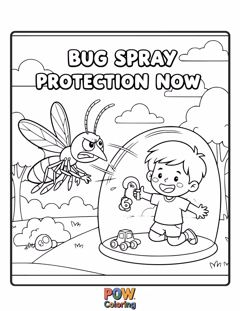 Free coloring page of A bottle of bug spray and happy campers enjoying the outdoors. Understand how to protect yourself from insects.