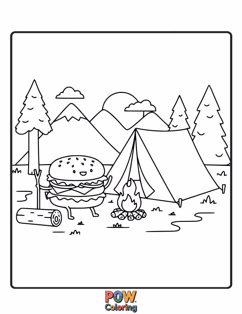 Free coloring page of A burger enjoying a campfire and marshmallows in the great outdoors. Outdoorsy and fun.