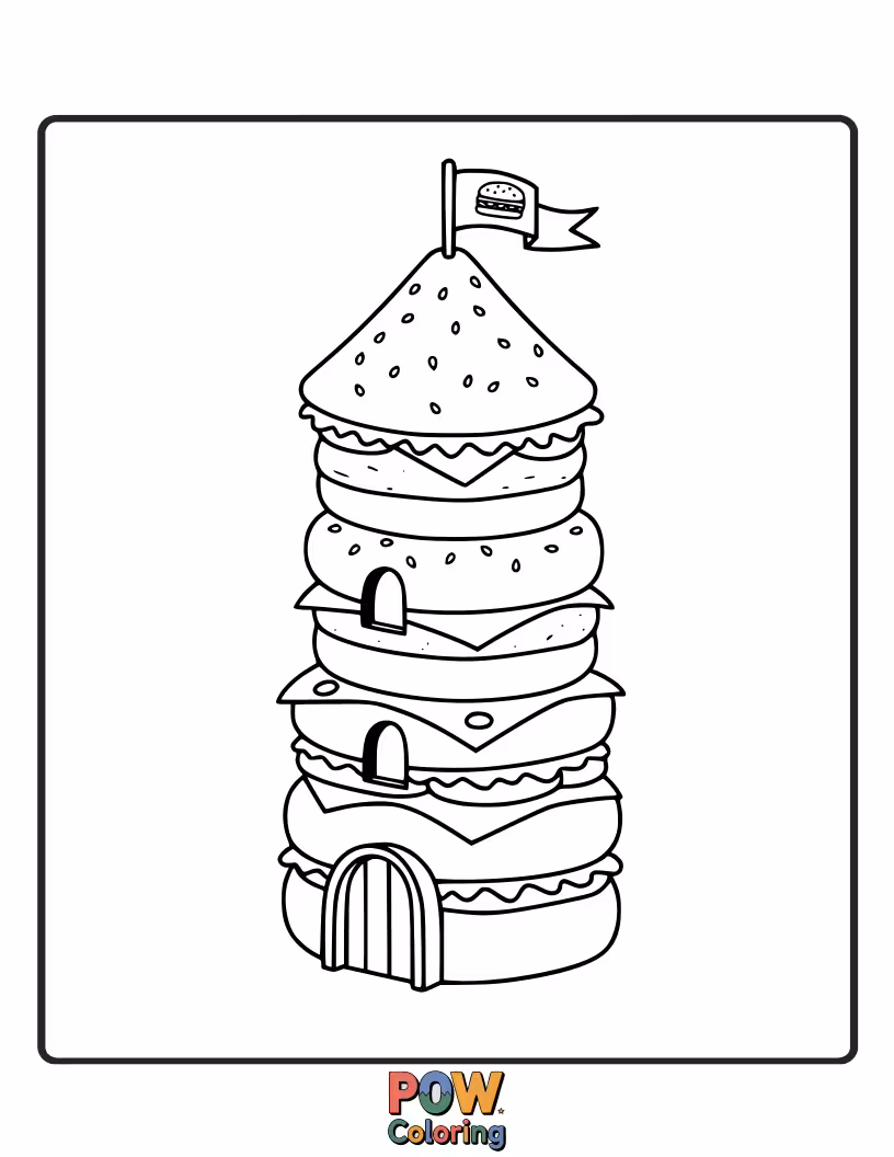 Free coloring page of A burger stacked high like a castle tower, complete with battlements. A delicious fortress.