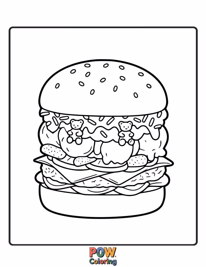 Free coloring page of A dessert-inspired burger, perhaps with cookie buns and candy toppings. A sweet twist.
