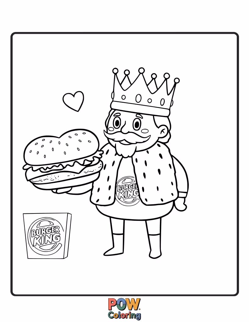 Free coloring page of A regal burger adorned with a crown and playing card symbols. A royal culinary adventure.