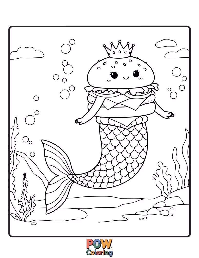 Free coloring page of A whimsical burger with mermaid fins and seashell decorations. Underwater culinary magic.