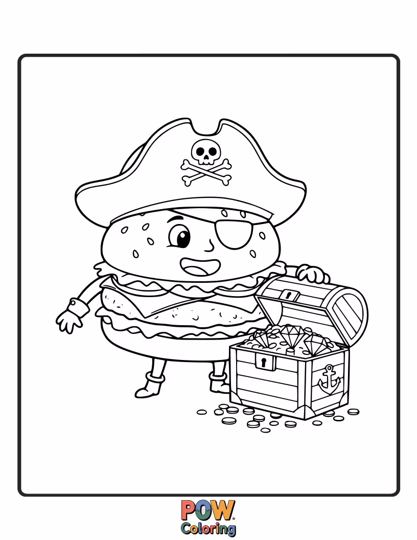 Free coloring page of A burger as a pirate captain, with an eyepatch and a treasure map. Ahoy, matey!