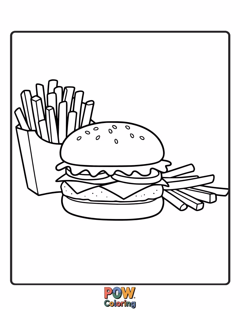 Free coloring page of A classic combination: a delicious burger alongside a pile of golden, crispy french fries. A complete meal.