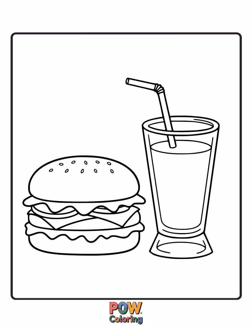 Free coloring page of Enjoy a yummy burger with a thick, creamy milkshake. A sweet and savory pairing.