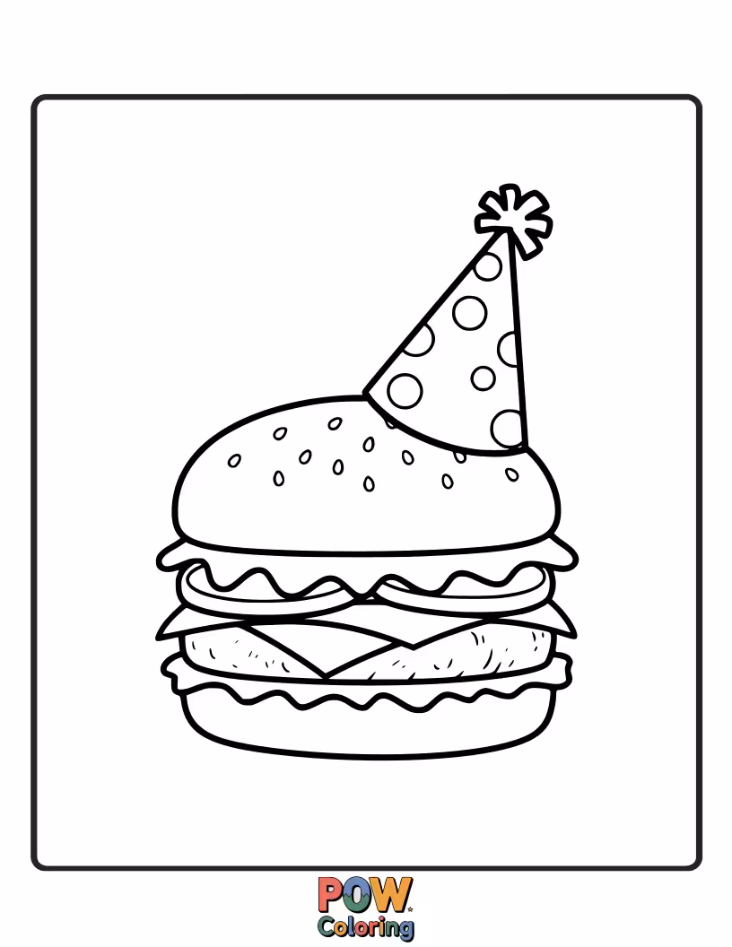 Free coloring page of A festive burger ready to celebrate, complete with a pointy party hat. Happy coloring time.