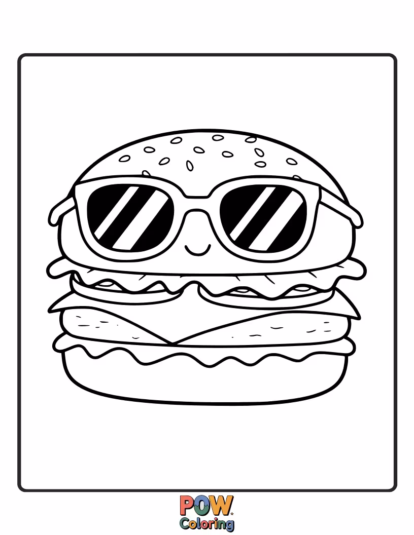 Free coloring page of A cool and casual burger rocking stylish sunglasses. Laid-back fun for all ages.