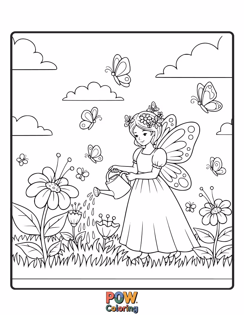 Free coloring page of A lovely princess surrounded by colorful butterflies fluttering through a blooming garden.