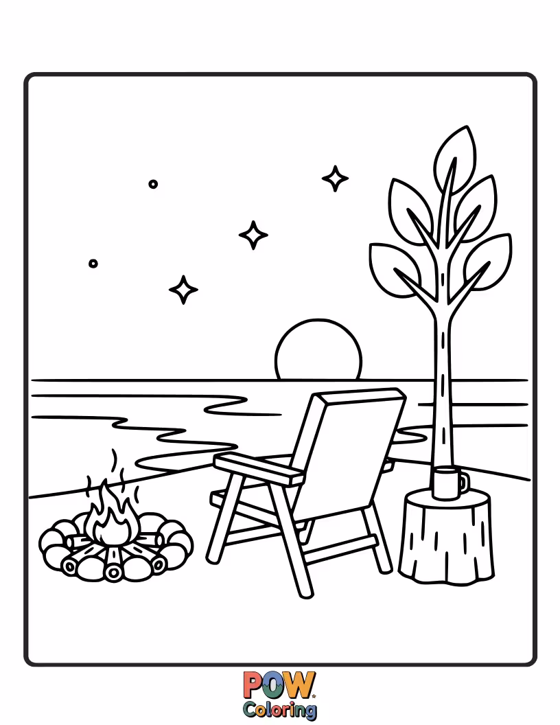 Free coloring page of A comfortable camp chair set up by the fire. Find a relaxing spot to enjoy the campsite.