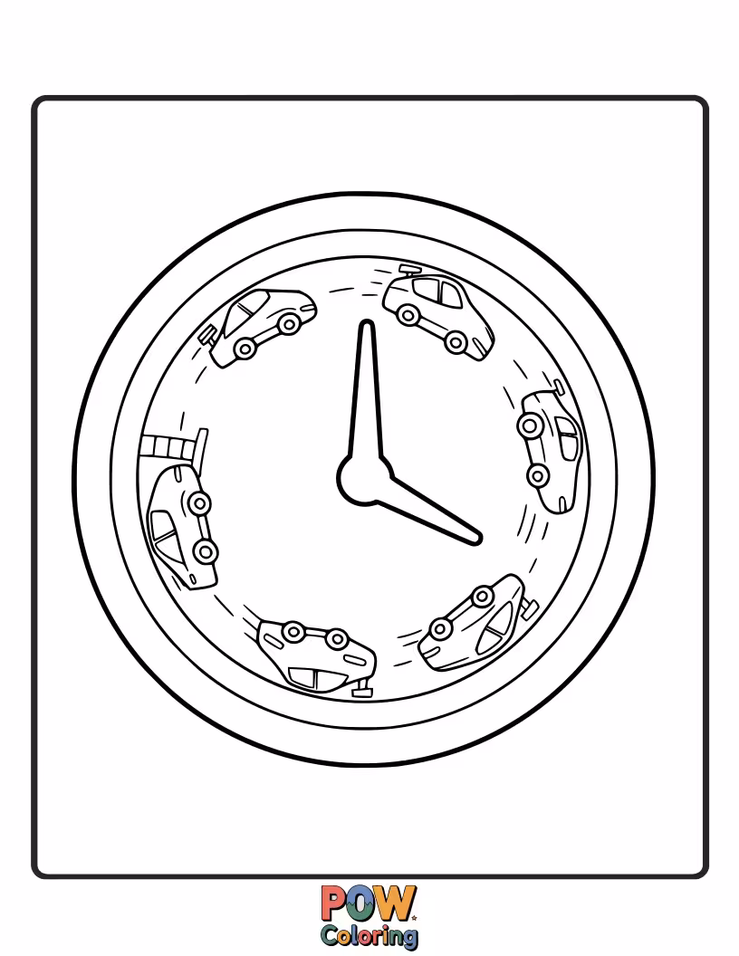 Free coloring page of A fast-paced clock with racing cars zooming around the dial.