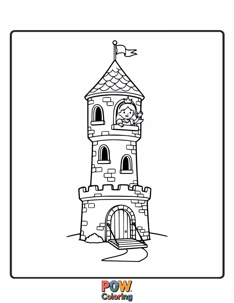 Free coloring page of A thoughtful princess looking out from a high castle tower, surveying her kingdom.