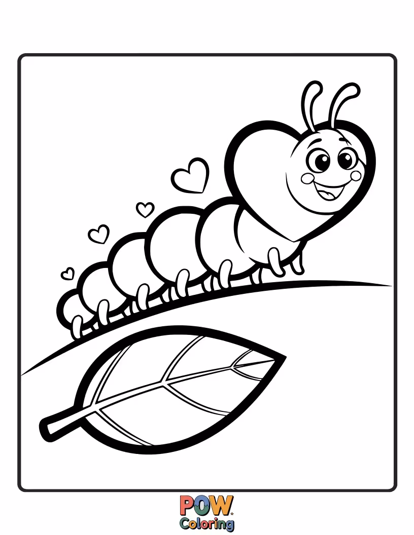 Free coloring page of A little caterpillar is slowly crawling towards a giant heart-shaped leaf, eager to share a lovey-dovey meal.