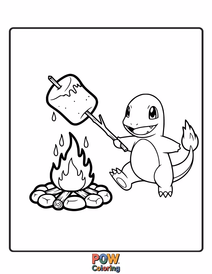 Free coloring page of Charmander is wearing a tiny pumpkin hat and holding a candy corn that's almost as big as him.