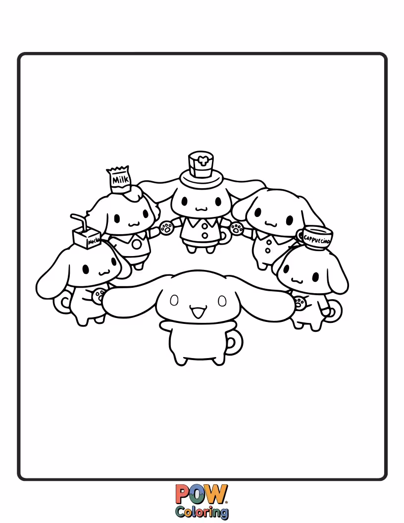 Free coloring page of Cinnamoroll and his friends sharing a joyful moment together.