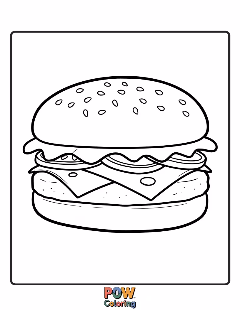 Free coloring page of A delicious cheeseburger with a juicy patty, melted cheese, lettuce, tomato, and a bun. Perfect for simple coloring.