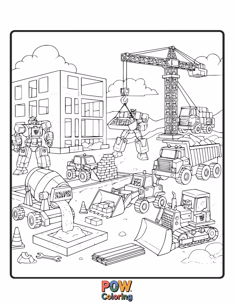 Free coloring page of The Constructicons working together on a construction site, each with their unique vehicle parts visible.