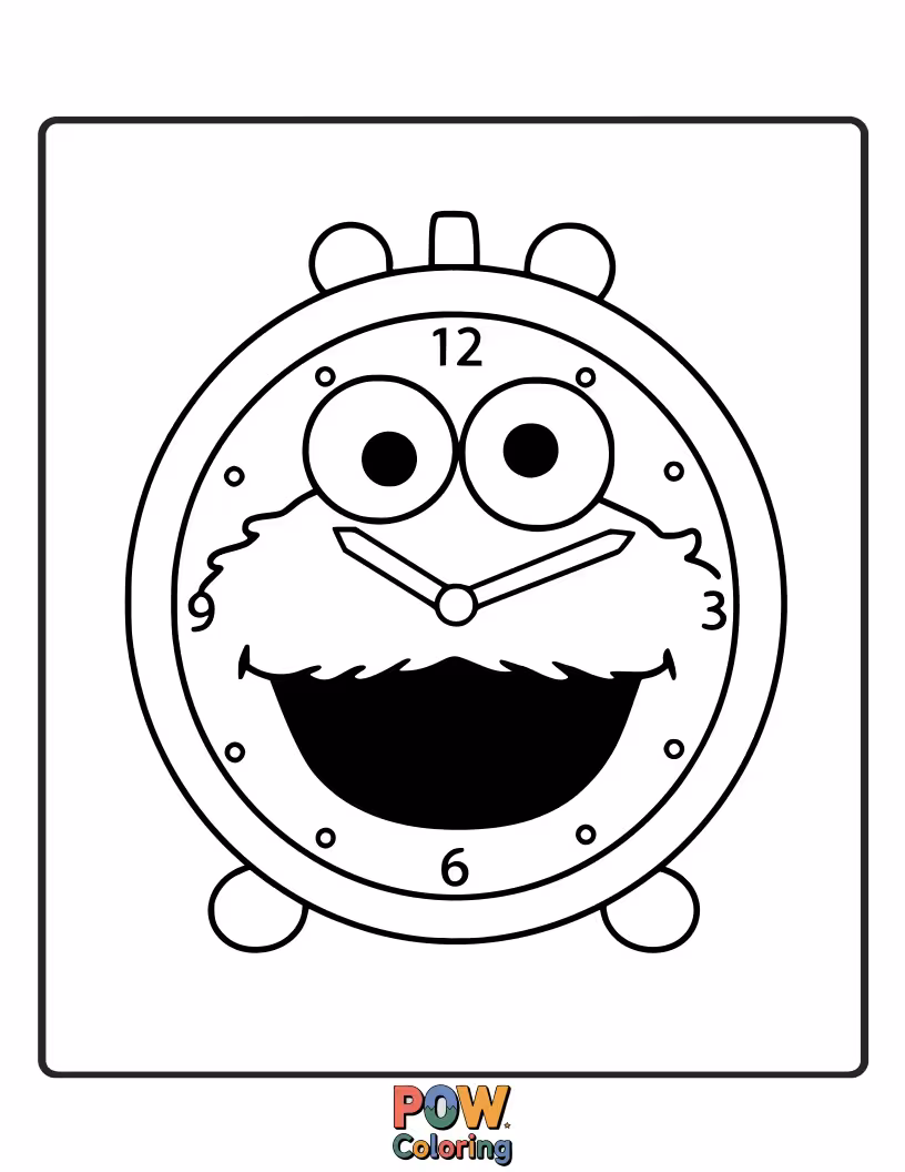 Free coloring page of A delightful clock featuring the beloved Sesame Street character enjoying some cookies.
