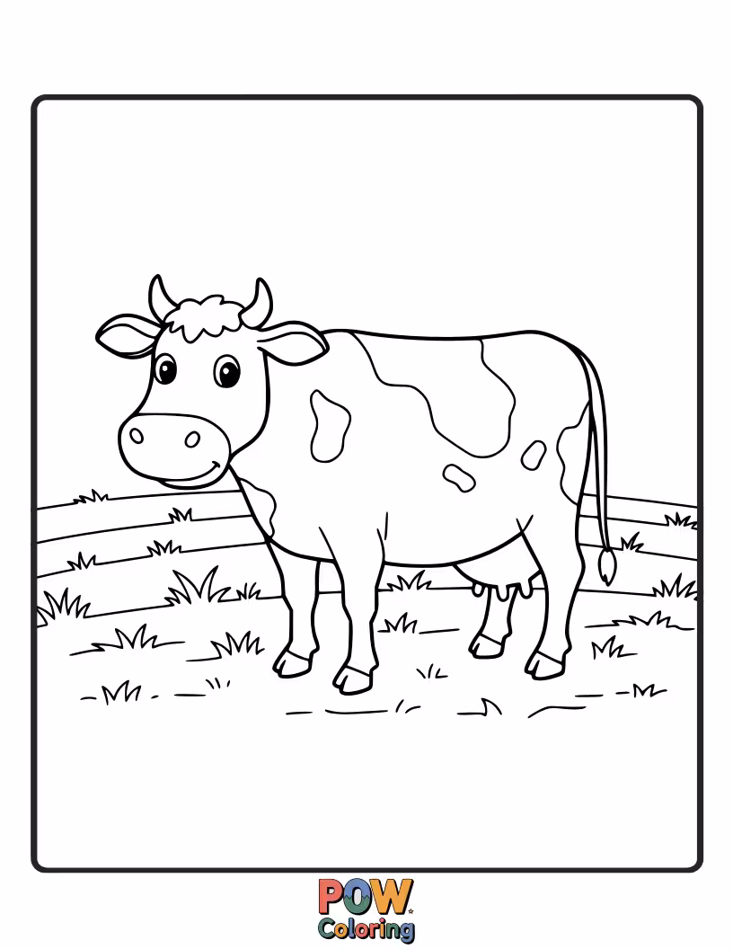 Free coloring page of A solitary cow standing peacefully in an open field. This allows for coloring the cow and a simple background.