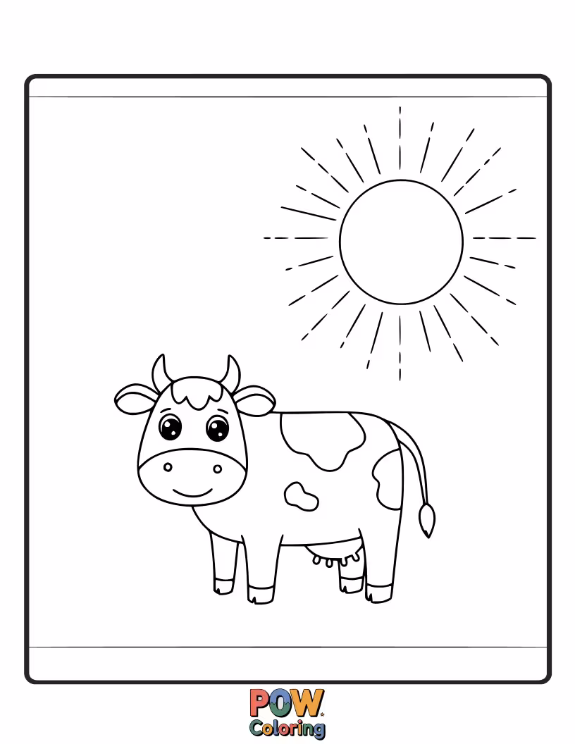 Free coloring page of A happy cow basking in the warmth of a simple sun. This design is ideal for bright, sunny coloring.