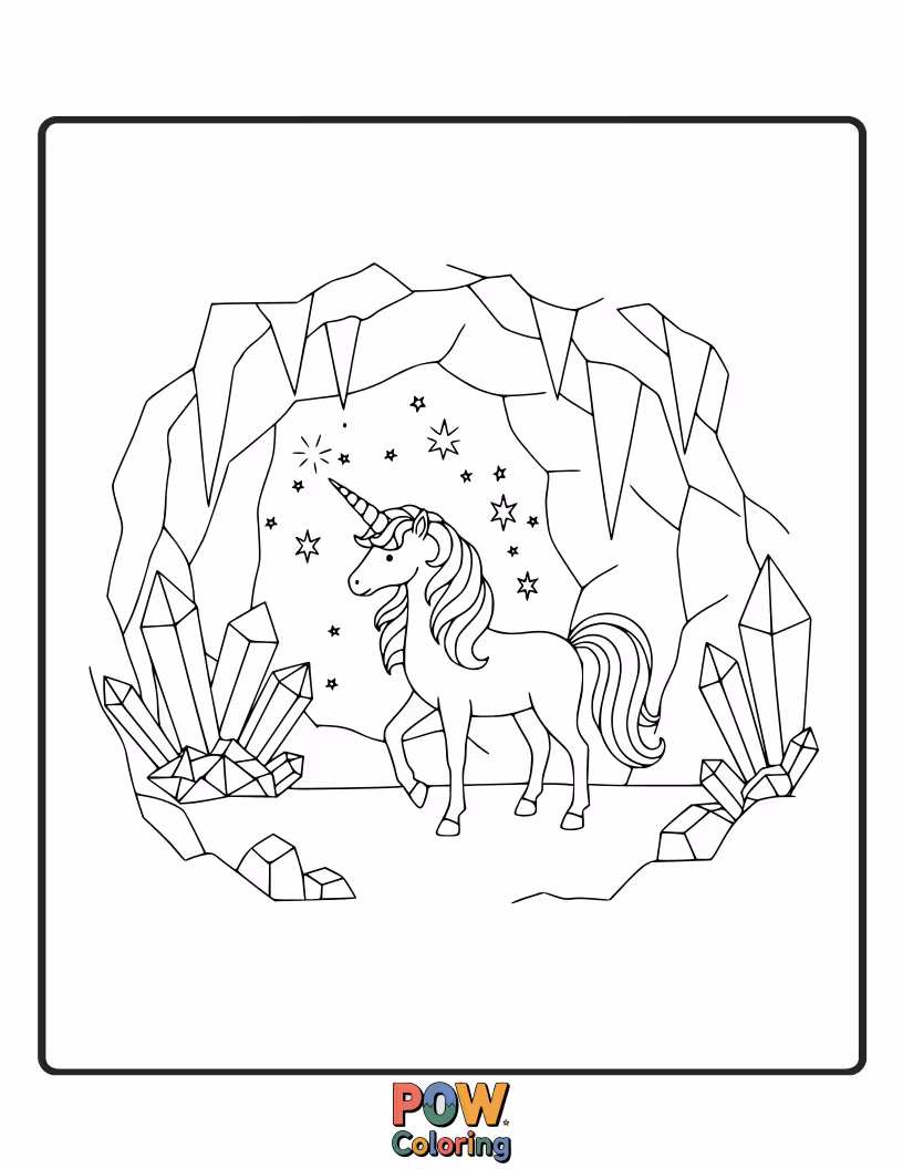 Free coloring page of Mystical unicorn exploring a cave filled with glittering crystals and glowing gems.